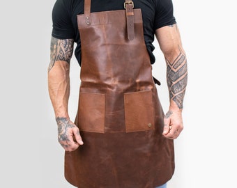 Distressed Double Pocket Leather Apron | Personalized Brown Full Grain Leather Butchers Apron For Blacksmith with Pockets| Fathers Day Gift