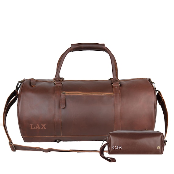 Mens Leather Gift Set | Personalized Duffle Bag and Dopp Kit For Him | Custom Monogram Travel Set | Weekender and Wash Bag with Initials