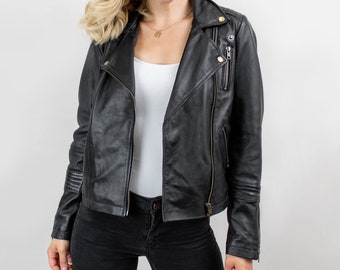 Womens Black Leather Biker Jacket - Classic Quilted Detail - Asymmetrical Zip by MAHI | Made to Order