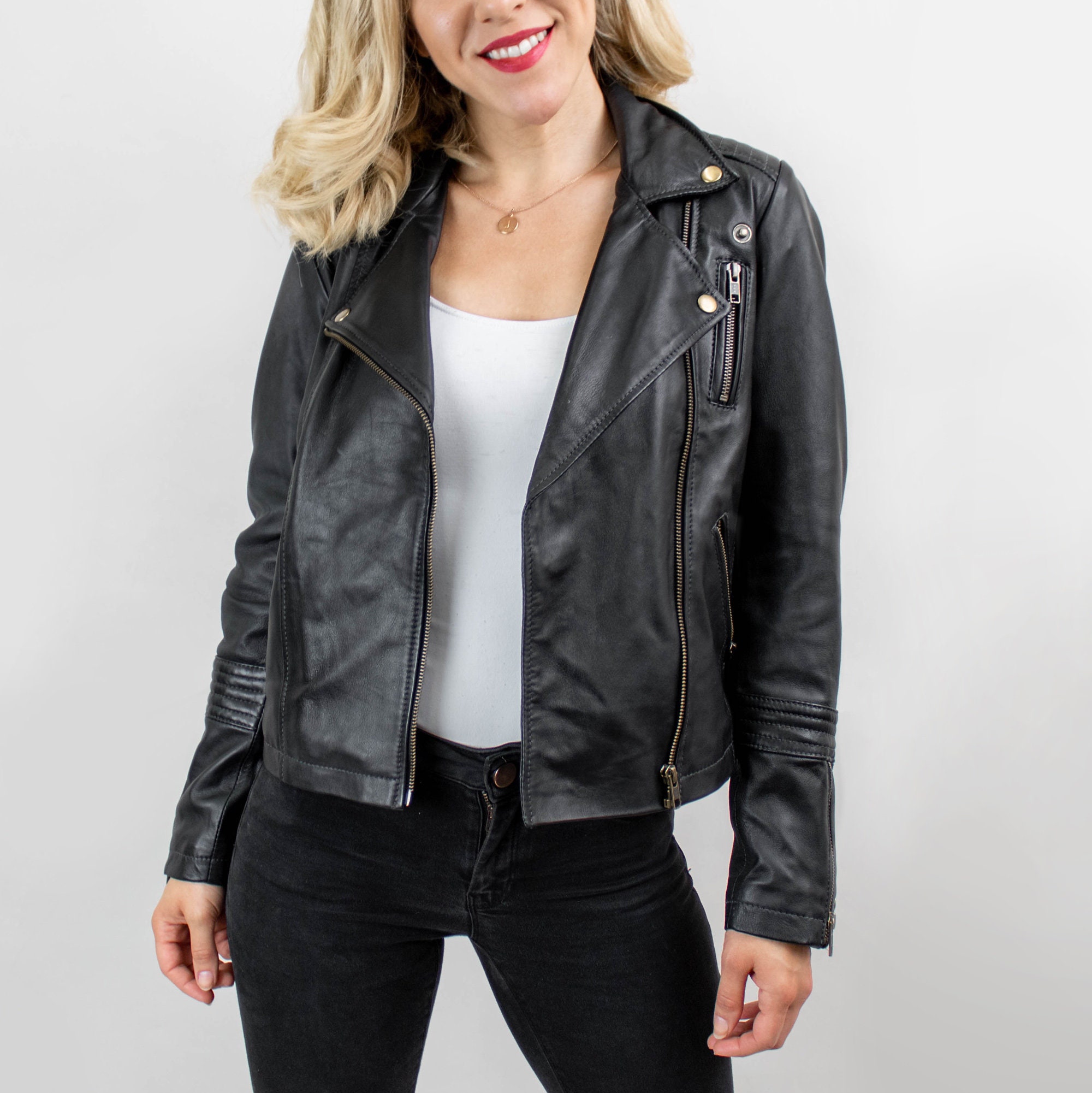Handmade Womens Black Leather Biker Jacket | Classic Quilted Detail and Asymmetrical Zip | Custom Monogram and Sizing Available Handmade Womens Black Leather Biker Jacket | Classic Quilted Detail and Asymmetrical Zip | Custom Monogram and Sizing Available