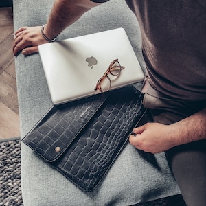 Leather Croc Print Macbook Sleeve, Macbook Pro, Pro Retina, and Air (11&quot;, 12&quot;, 13&quot;, 15&quot;)in Black Full Grain Leather | Personalized Tech Gift