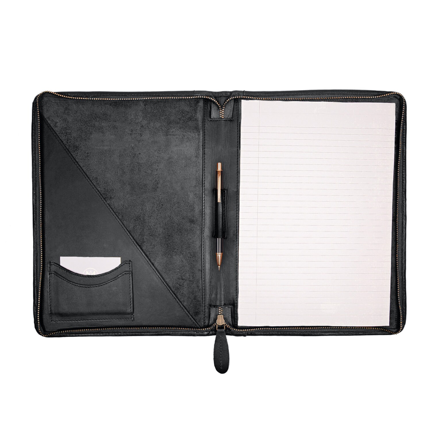 Custom Monogram Black Leather Portfolio Case | Zip up
