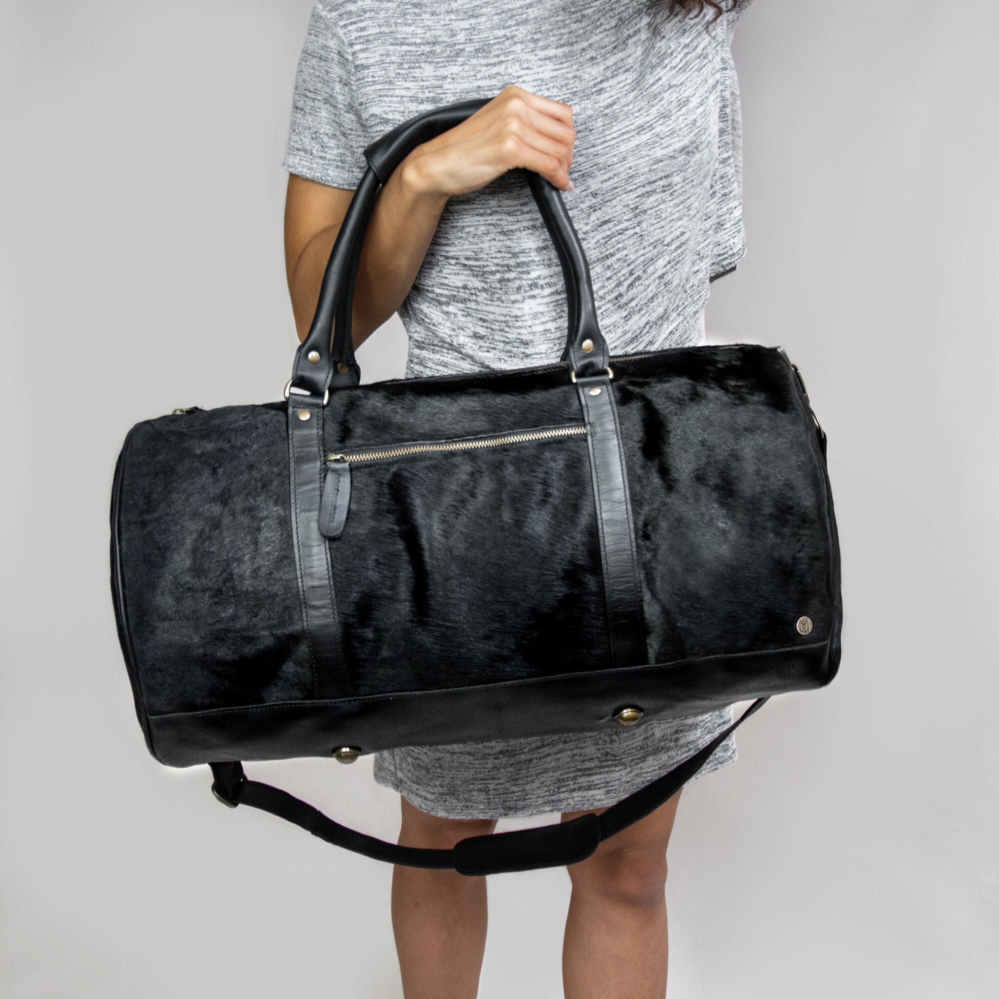 Black 'pony Fur' Leather Duffle Bag | Black Cowhide Travel