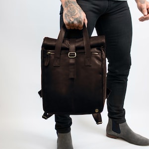 Custom Initials Rolltop Leather Backpack | Mens Roll Top Backpack Full Grain Leather | Dark Brown Leather Backpack | Personalized Monogram