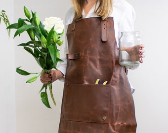 Florist Apron - Distressed Leather Apron For Florists - Full Grain Leather -  Hobbyists Woodwork Blacksmith Butchers with Pockets by MAHI