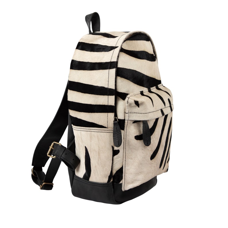 Cowhide Leather Backpack in Black and White Zebra Print Pony Hair and Full Grain Leather 13 inch laptop Handmade by MAHI Back to School image 4