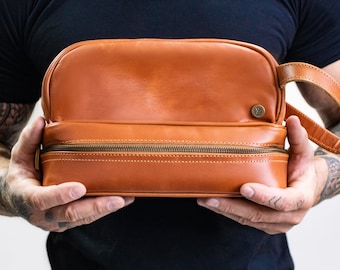 Personalized Buffalo Leather Wash Bag - Men's Leather Shaving Bag  -  Dopp Bag - Tan Brown Leather - Handmade by MAHI Fathers Day Gift