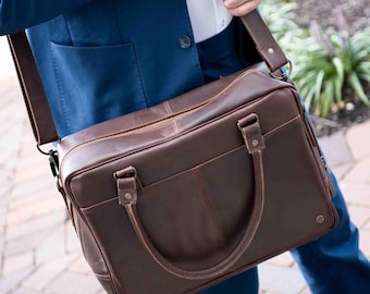 Personalized Full Grain Leather Briefcase with Custom Monogram Initials or Logo | 15&quot; Laptop Work Bag For Him | Back to School