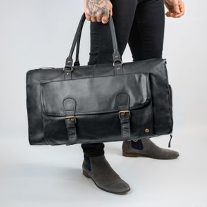Overnight Bag with Side Shoe Compartment Black Leather Weekender Travel Bag Monogram Unisex Weekend Bag with Personalised Initials image 1