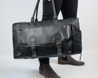 Overnight Bag with Side Shoe Compartment - Black Leather Weekender Travel Bag - Monogram Unisex Weekend Bag with Personalised Initials