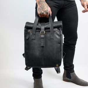 Black Leather Roll Top Backpack with 15&quot; Laptop Capacity | Vintage Style Leather Rucksack | Personalised Hipster Rolltop with Initials