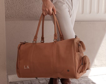 Personalized Soft Suede Leather Holdall/Duffle with pockets - Weekend Bag - Overnight Leather Bag Duffel in Beige Vintage Cognac by MAHI