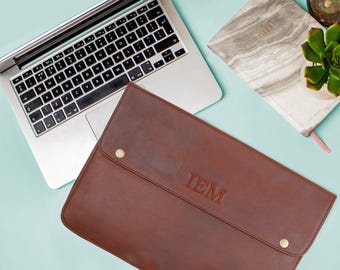 Personalized Leather Macbook Sleeve, Macbook Pro, Retina, and Air (made to size) in Brown Full Grain Leather | Custom Monogram Laptop Case