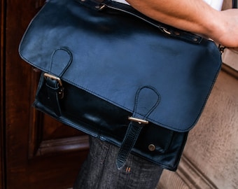 Traditional Navy Blue Leather Satchel - Messenger Bag - Book Bag – School Bag/Work Bag with 15" Laptop Capacity Full Grain Leather by MAHI
