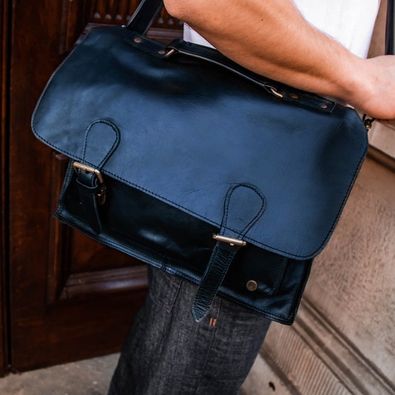 Navy Full Grain Leather Messenger Satchel with 15 Laptop Capacity