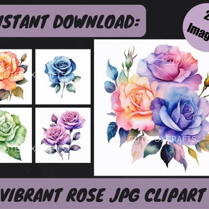May include: A set of 25 vibrant watercolor rose images in various colors, including orange, blue, green, and purple. The roses are depicted in a realistic style with delicate details.  These images are perfect for crafting, scrapbooking, and digital design projects.