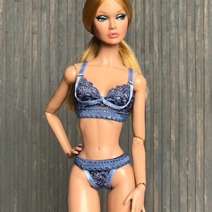 Lingerie for 12&#39;&#39; fashion dolls | bra & panties, thong | Denim Blue | For adult collectors only |