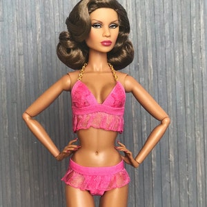 Lingerie for 12&#39;&#39; fashion dolls | halter neck top & panties, thong | Rose Pink frills | For adult collectors only |