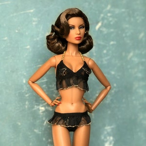 Lingerie for 12&#39;&#39; fashion dolls | halter neck top & panties, thong | Black and Gold frills | For adult collectors only |
