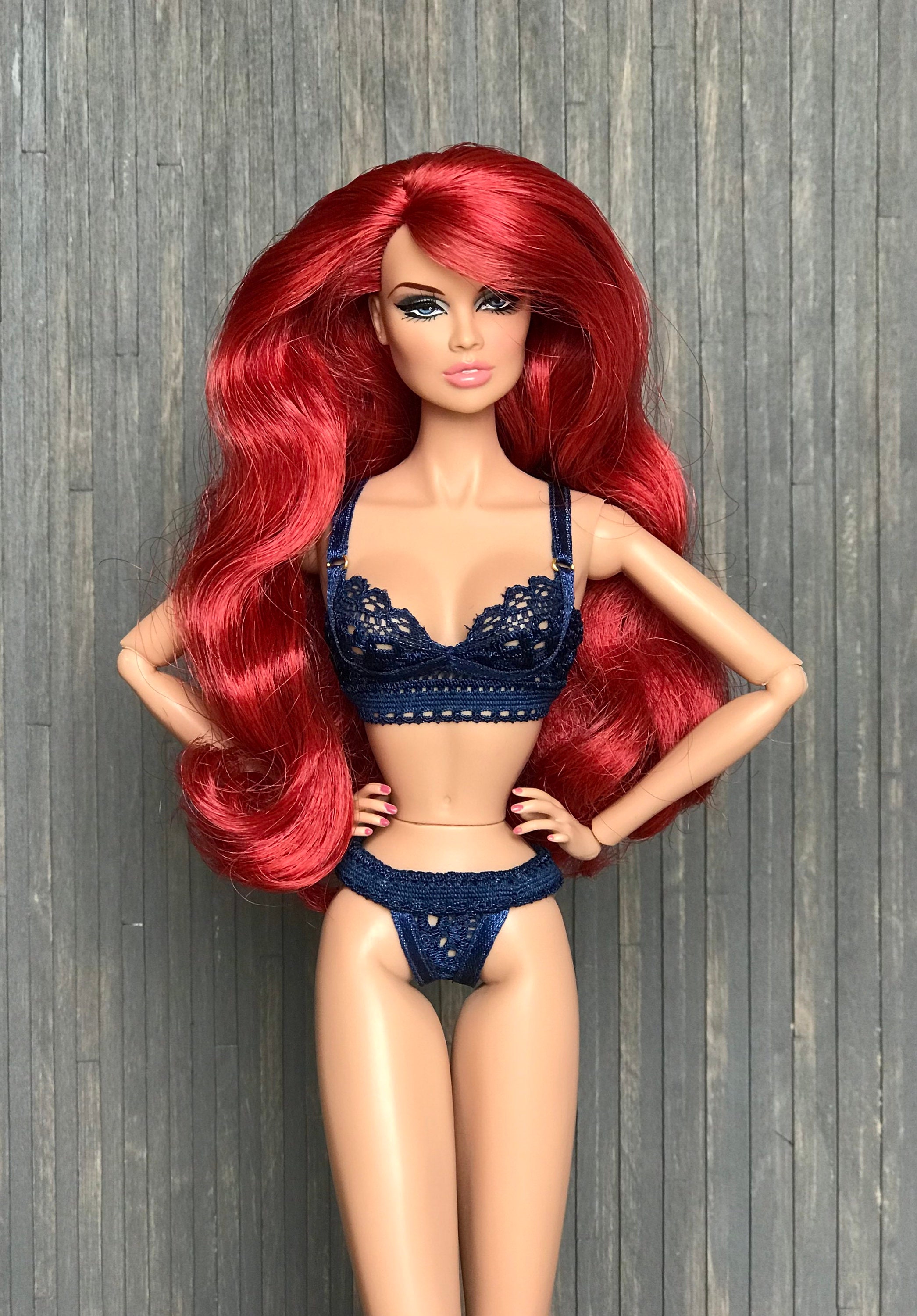 Lingerie for 12'' Fashion Dolls Bra & Panties, Thong Dark Blue for Adult  Collectors Only 