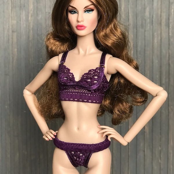 Lingerie for 12'' fashion dolls | bra & panties, thong | Purple | For adult collectors only |