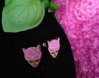 Pink pussy hat wooden badges woman/'s march