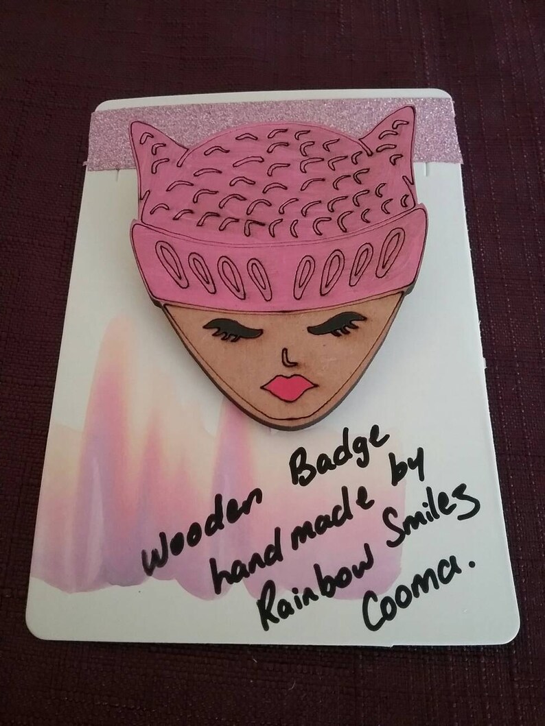Pink pussy hat wooden badges woman/'s march