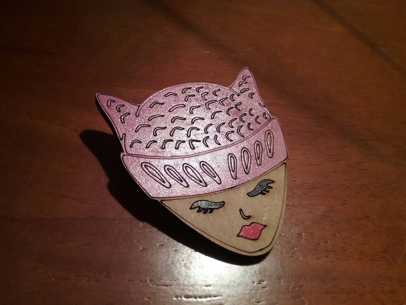 Pink pussy hat wooden badges woman/'s march