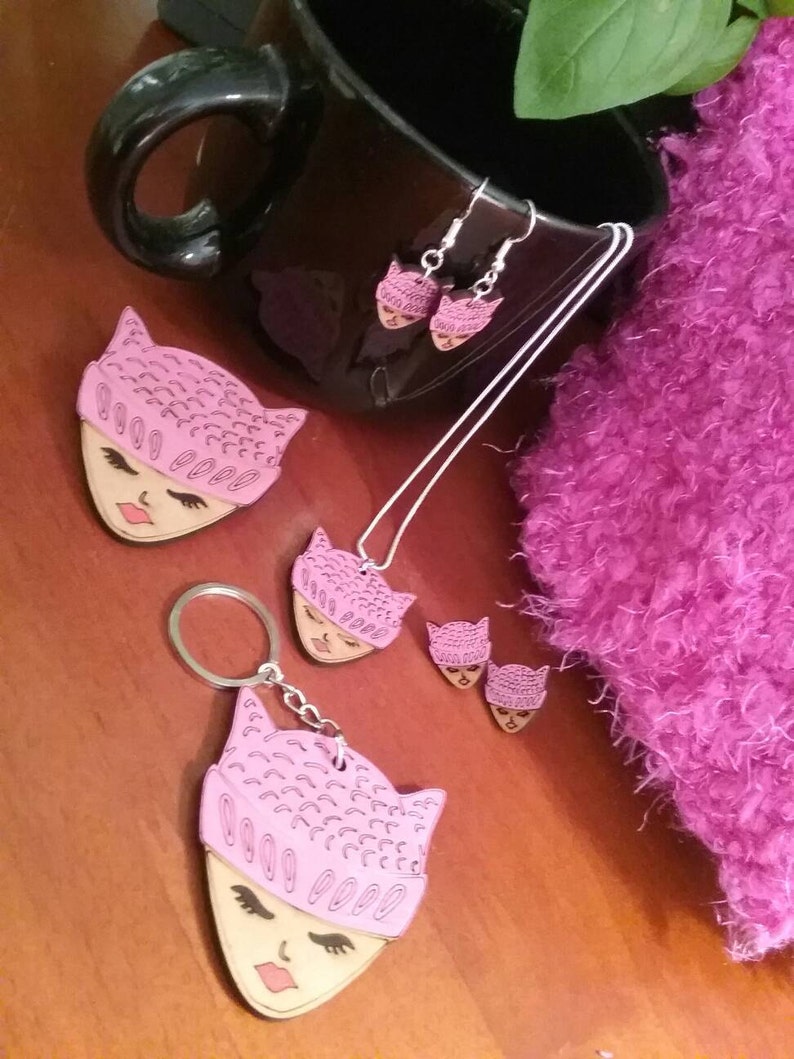 Pink pussy hat wooden badges woman/'s march