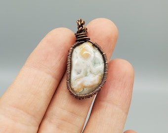 Lovely ocean jasper stone necklace,elegant natural ocean jasper pendant necklace,wore wrapped stone pendant necklace,copper wire jewelry