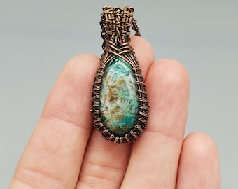 Chrysocolla teardrop pendant necklace,copper wire wrap chrysocolla pendant, turquoise jewelry,chrysocolla stone necklace,wirework jewelry