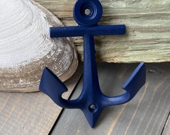 Nautical Blue Cast Iron Anchor Hook | Beach or Marina Decor | Coat Hat Leash Holder | Beach House Set Design | Unique Gift for Ocean Lover