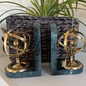 Pair of Vintage Brass Atlas Arrow Armillary Globe Sphere Bookends on Green Marble Base | Set Design | Home Staging | Unique Gift | Library