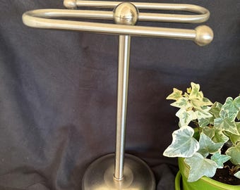 Vintage Style Brushed Nickel Hand Towel Holder Stand | Countertop | Spa or Retail Boutique | Double Bar w/ Knob Cap | Home Staging | Patina