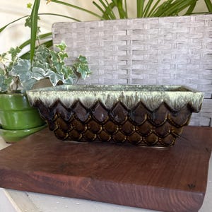 May include: A rectangular brown ceramic planter with a textured, scale-like pattern. The top edge has a light green and white glaze. The planter sits on a dark wooden surface, with green plants in the background.