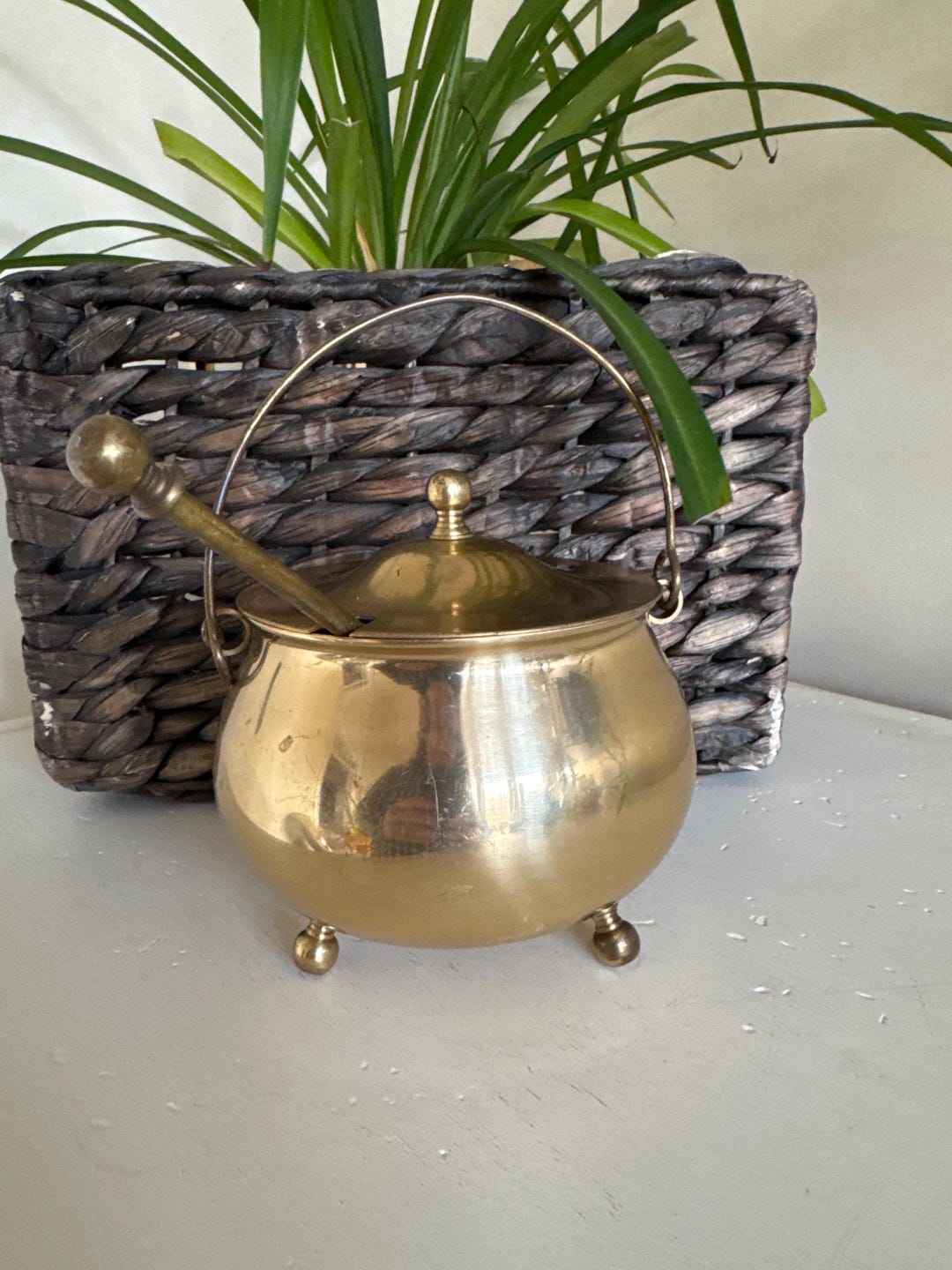 Vintage Brass Cauldron With Handle Lid and Torch Fire Pot