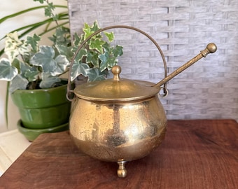Vintage Brass Cauldron with Handle Lid and Torch | Fire Pot | Witch and Wizard Fun | Halloween Prop | Ministry | Set Design