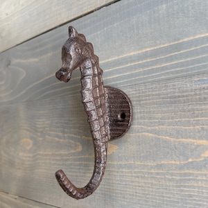 May include: A brown cast iron seahorse hook mounted on a wooden wall. The hook is shaped like a seahorse with a curled tail that forms the hook.