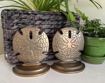 Vintage Brass Pair of Large Sand Dollar Shell Bookends | Nautical | Beach | Library | Antique | Unique | Set Design | Coastal Home