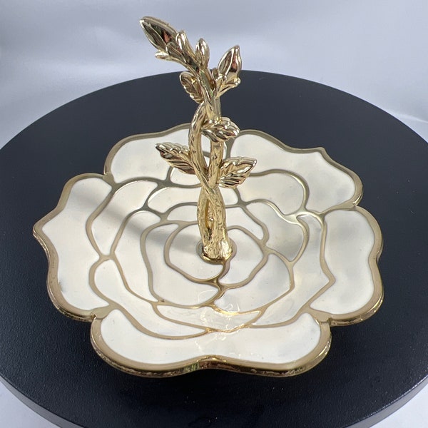 Vintage Brass | White Flower Enameled Metal | Lotus Flower | Unique Decor | Jewelry Holder | Ring Holder | Gilded Age