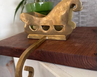 Vintage Heavy Solid Brass 3D Christmas Santa Sleigh Stocking Holder | Mantel | Family Holiday