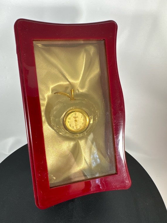 Vintage Miniature Apple Clock | Gold Plated | Crystal