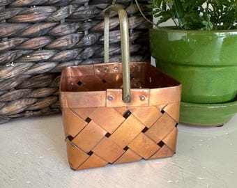 Vintage Copper and Brass Woven Basket | Business Card Holder | Holder for Gift Card with Goodies “Gift” | Decorative Plant Holder