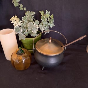 May include: A matte black metal cauldron with three legs, a brass-toned lid, a swing handle, and a long matching metal spoon. Beside it sits a smooth amber glass pumpkin, a tall cream-colored pillar candle, and a green pot with ivy.