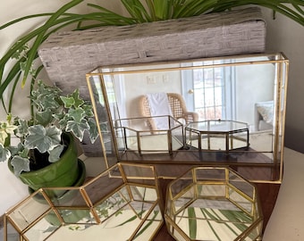 Eclectic Collection featuring Brilliant Brass Framed Glass Trays | Choose one or all | 3 Mirrored Tray Styles / Sizes | MCM Mid Century