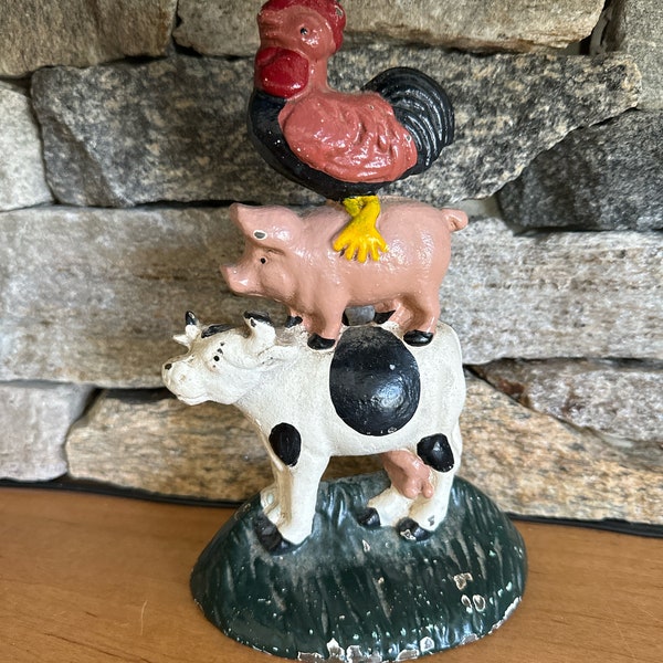 Vintage Painted Cast Iron Farm Animal Friends Bookend | Door Stop | Farm House Decor | Barn Door Stop | Cow Pig Rooster / Chicken