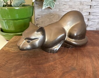 Vintage Solid Brass Kitty Cat | Bronze like Patina | MCM | Figurine | Grandma Cottage Core | Feline Friend | Paper weight or Kitschy Decor
