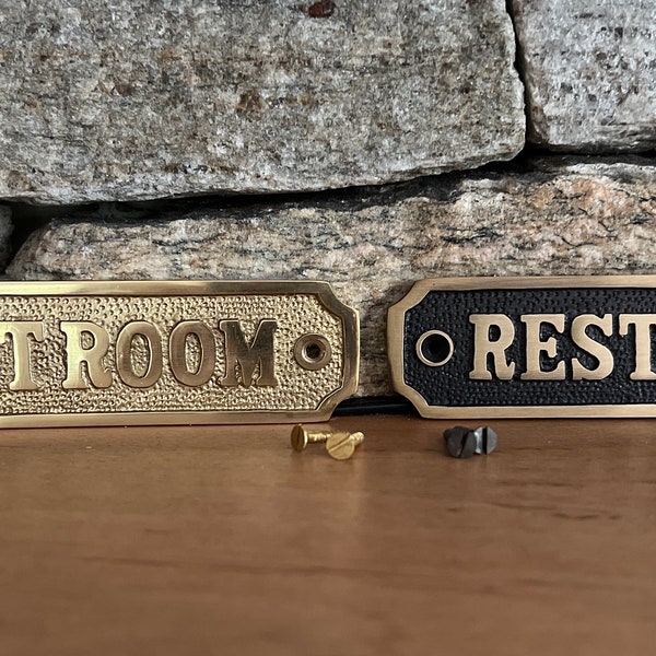 RESTROOM Sign in Polished Brass or Antique Brass | Vintage Style | Old Fashioned