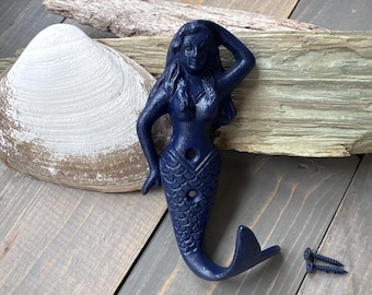 Nautical Blue Cast Iron Mermaid Hook | Beach or Marina Decor | Coat Hat Leash Holder | Beach House Set Design | Unique Gift for Ocean Lover