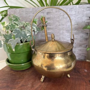 May include: A vintage brass cauldron with a lid and handle, resting on three small feet. A wooden stirring spoon is inside. The cauldron is displayed on a wooden surface, with a green potted plant in the background.